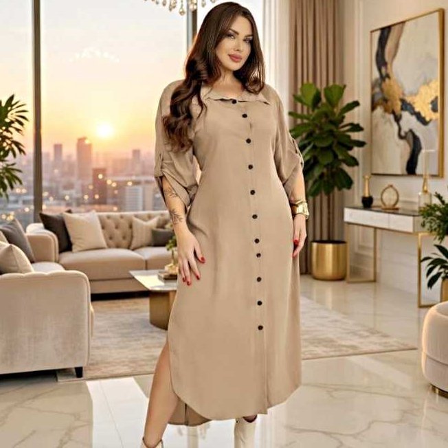 Vestido Femenino Chemise Longo Elegante Plus Size Con Botões, Manga Ajustable,3/4,Tecido Viscolinho
