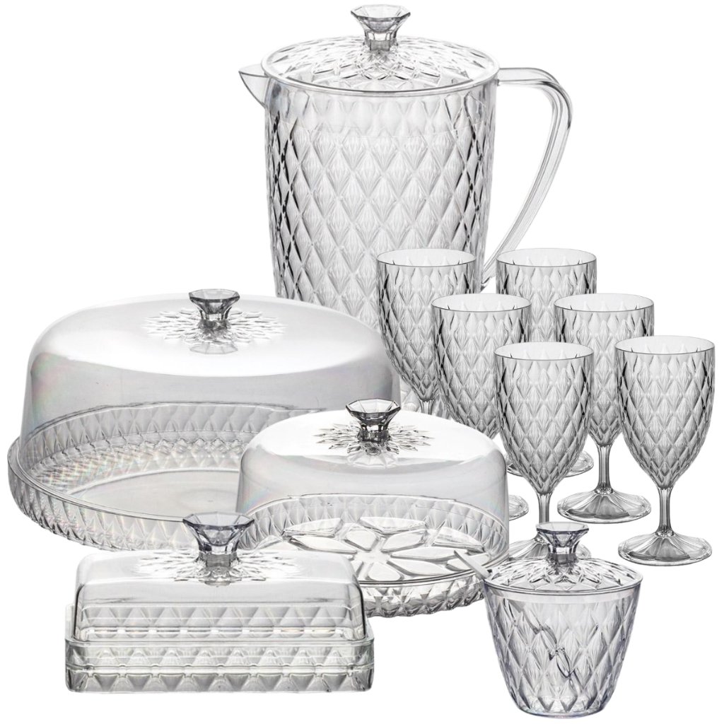 Kit Mesa Posta Glamour 11 Peças – Café da Manhã Completo com Jarra + Queijeira + Manteigueira + Açucareiro + Boleira
