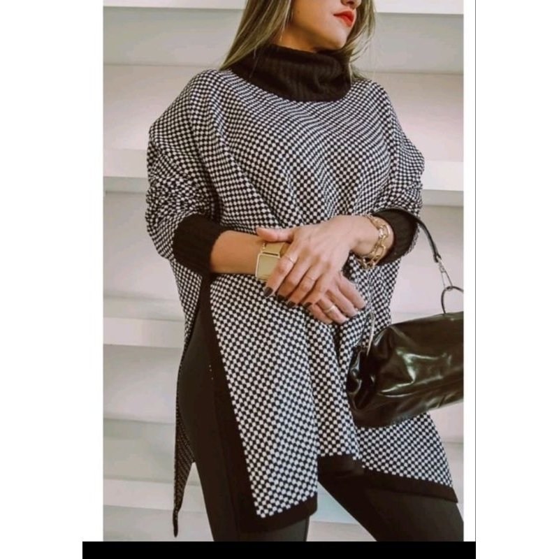 Poncho De Tricot Vestido feminino Estilosa quadriculado Inverno Fenda Lateral Plus Size