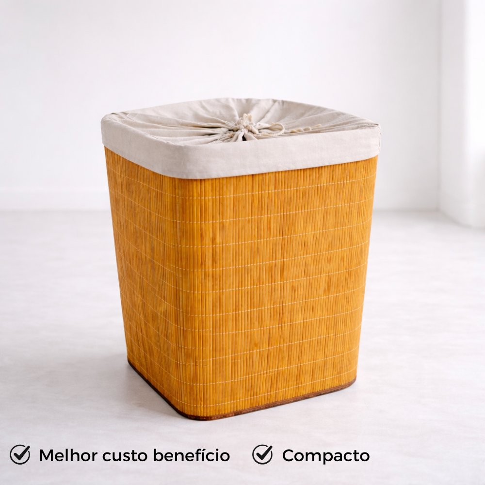 Cesto De Roupa de Bambu Dobravel Organizador Forrado Banheiro 72L Grande Cesto Retangular