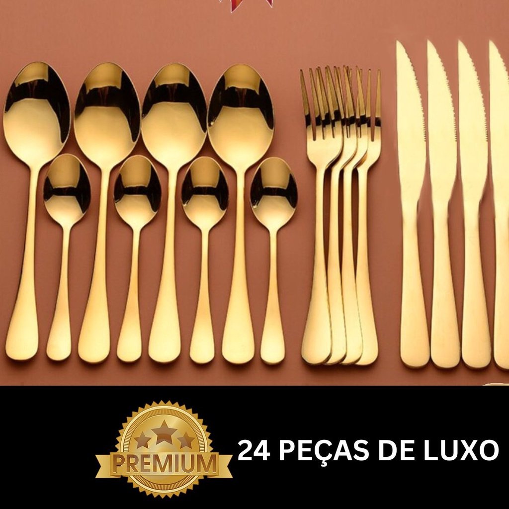 Talheres de Aço Inox 24 Peças  Dourada Garfo e Colher e Faca Faqueiro Jogo De Talheres Mesa Posta