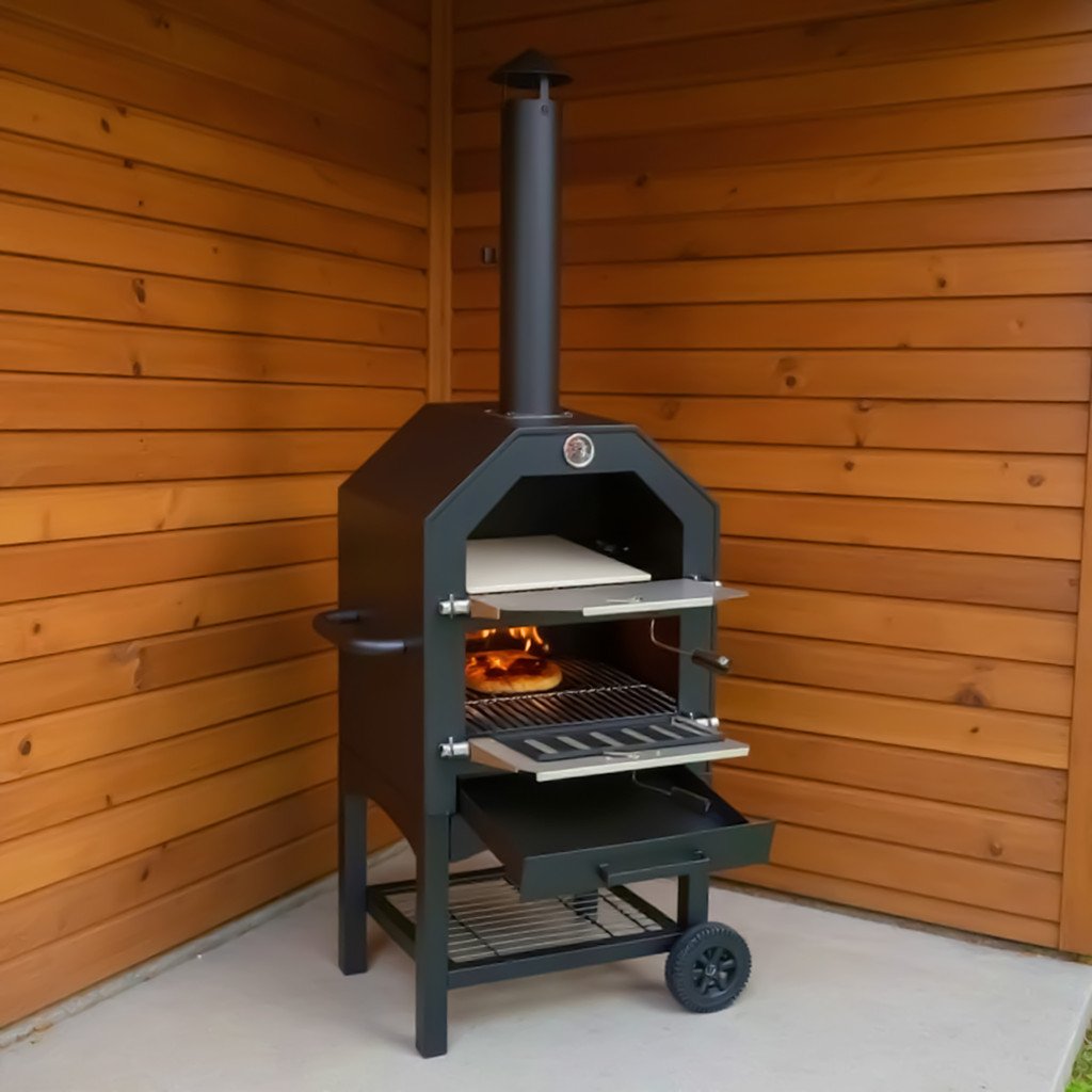 Forno de Pizza Churrasqueira Lenha ou Carvão com 2 Grelhas 1 Pedra 1 Pá Semi Industrial com Chamine