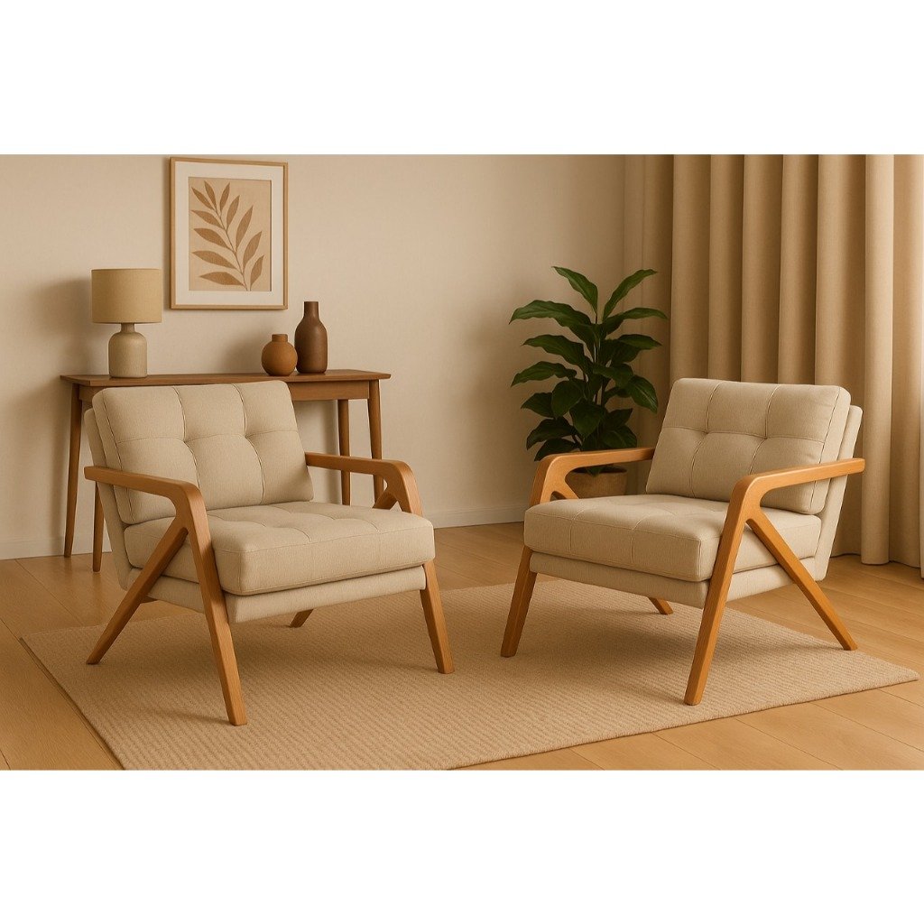 Kit 2 Poltrona Decorativa Mona Linho Desenho Nervura Pé Madeira Maciça