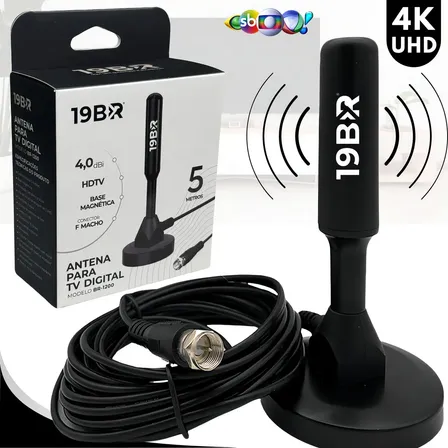 Antena Digital 4k Hd Interna Externa Para Tv Samsung LG Smart Led Lcd 3d Uhf Cabo Longo Com Base Magnética Preto