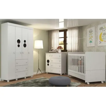 Quarto de Bebê Completo Infantil com Guarda-Roupa Cômoda Berço 3 em 1 (vira minicama) Colchão Incluso Multimóveis Pimpolho FG3571 Branco 3 anos de garantia