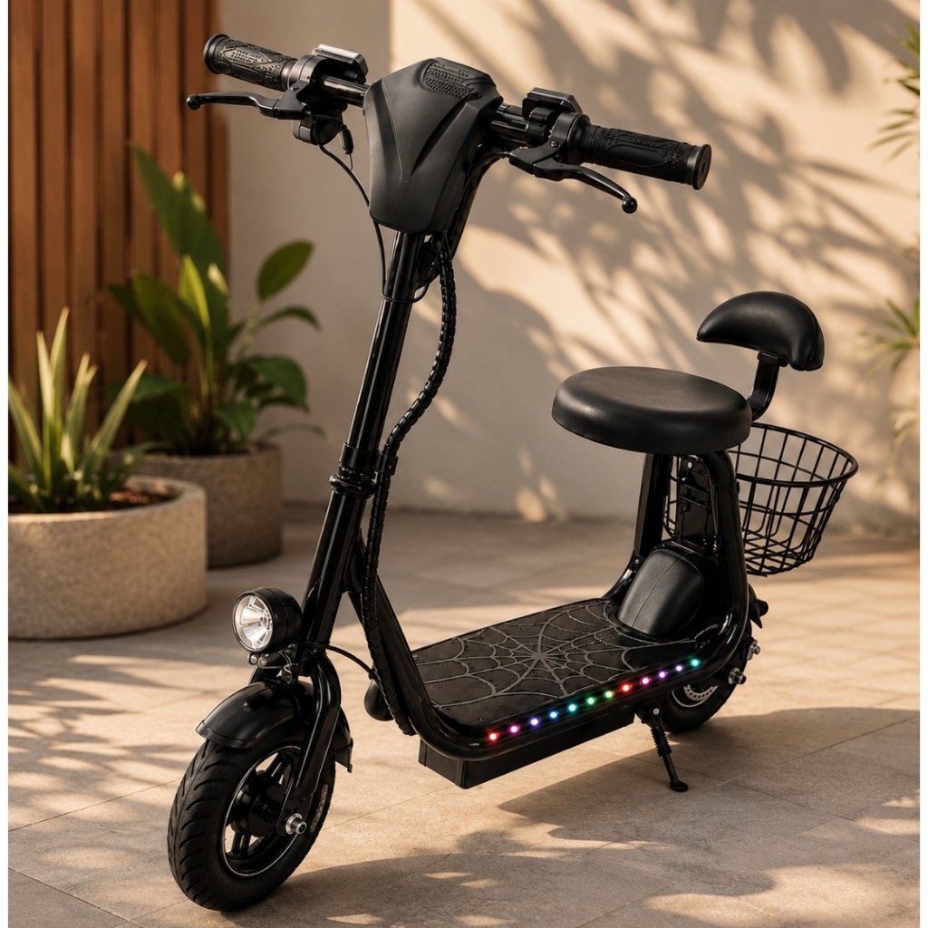 Patinete Elétrico Suporta ate 80kg Infantil 250W Mini Scooter Bluetooth LED Colorido Freio Farol Cesto
