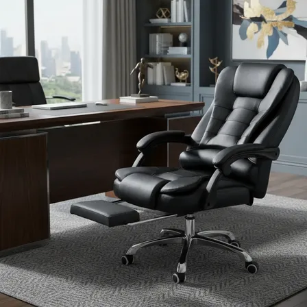 Cadeira De Escritório Presidente Ergonômica Python Fly Couro Sintético Encosto Ajustável Com Trava E Apoio Para Pés Cor Preta